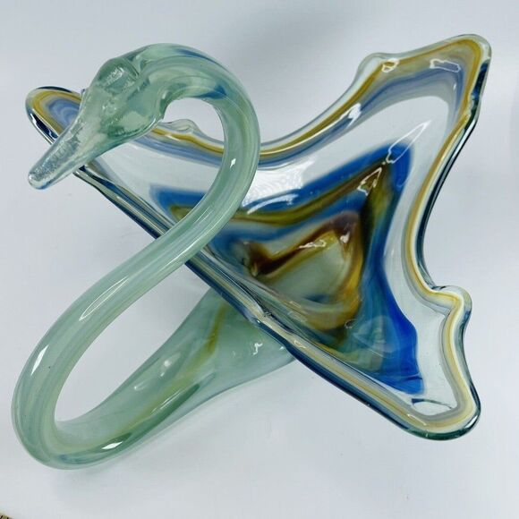 MCM Art Glass Swan Bowl Hand Blown Blue Brown 12-1/2" VTG Dish Mid Century Mod - Picture 1 of 12